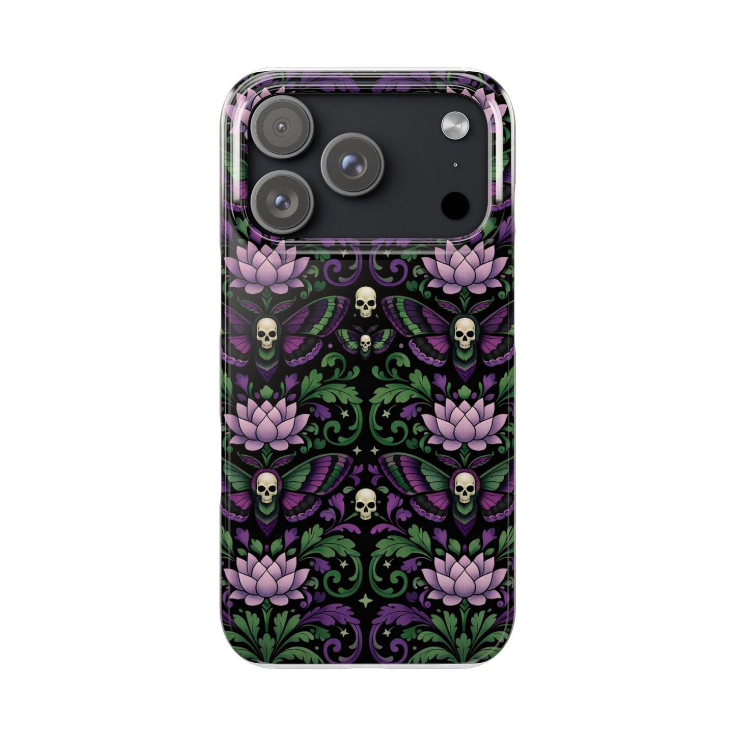 Gothic Lotus & Skull Slim Phone Case — Dark Floral Pattern for iPhone