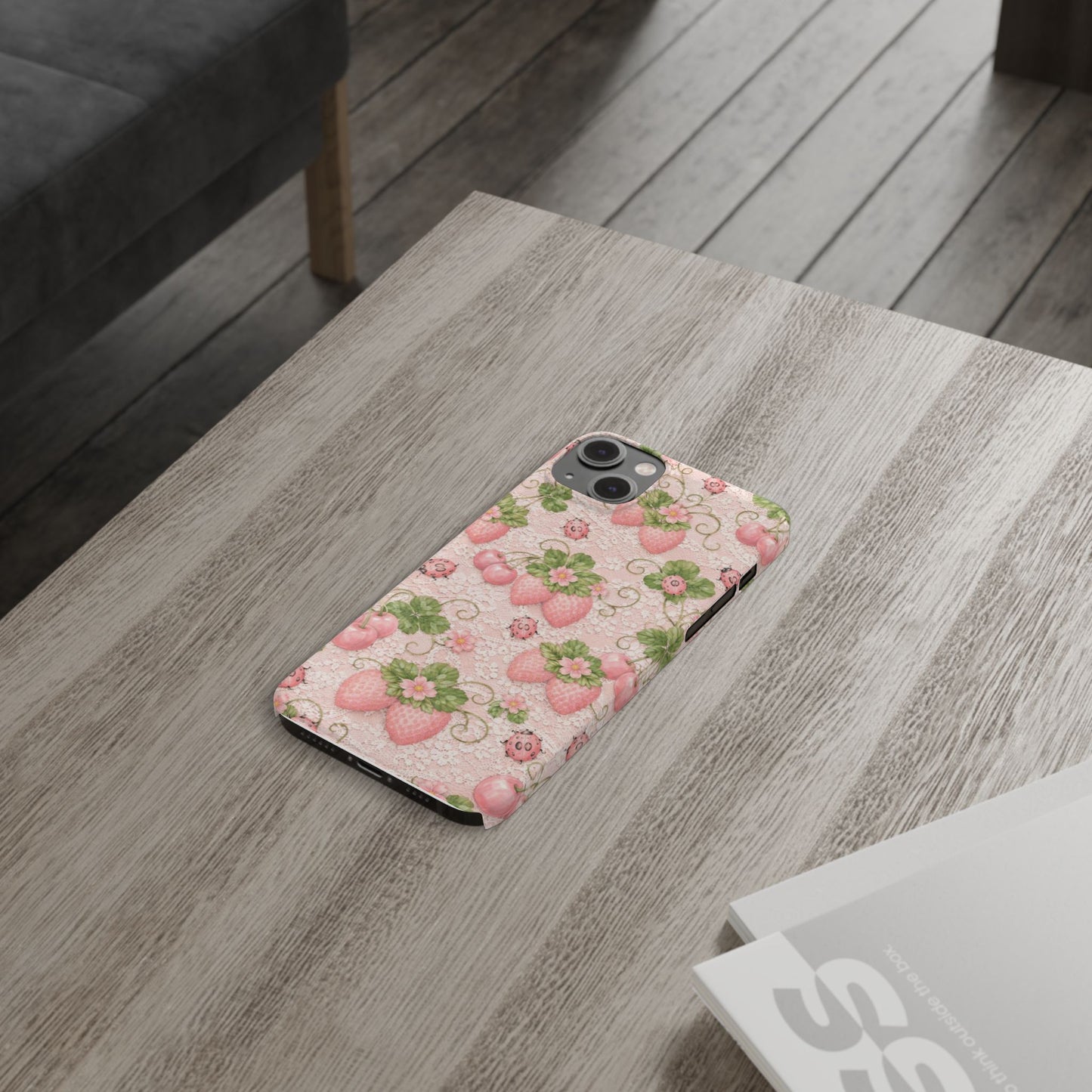 Strawberry Pattern Slim Phone Case — Vintage Pink Floral Fruit Design