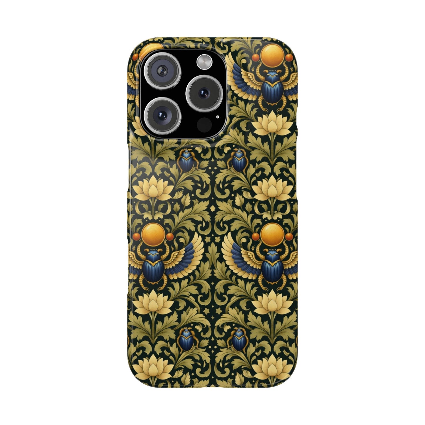 Slim Phone Case — Vintage Egyptian Scarab & Lotus Pattern (Gold on Olive)