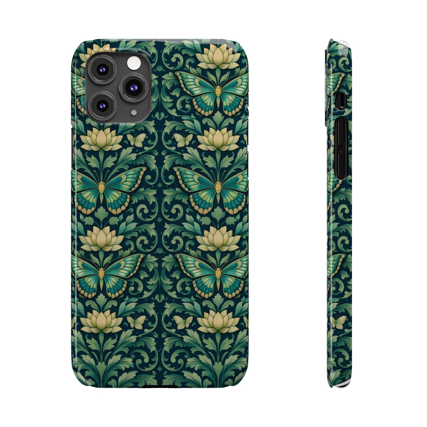 Slim Phone Case — Vintage Green Butterfly & Lotus Pattern