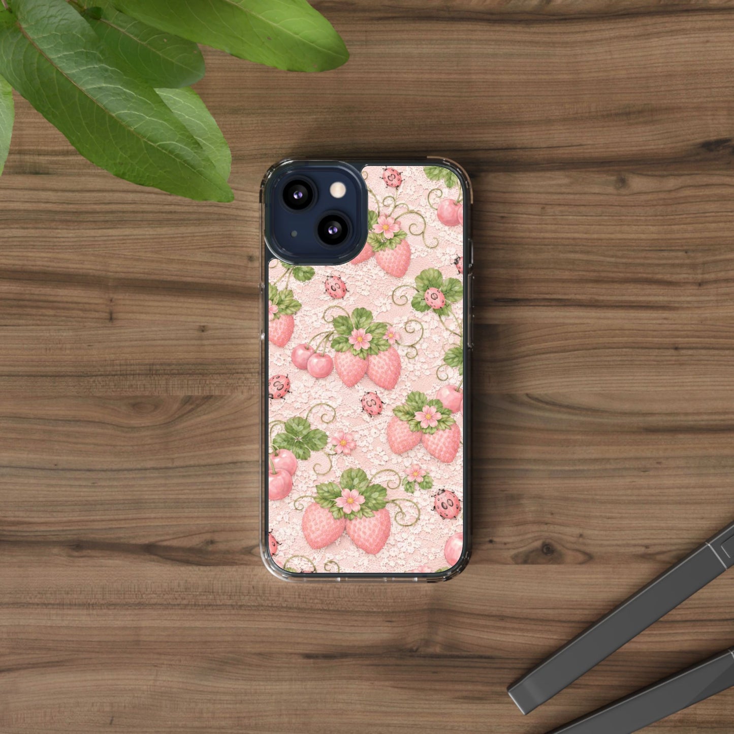 Pink Strawberry Pattern Clear Case | Floral Phone Case, Cute Fruit Design