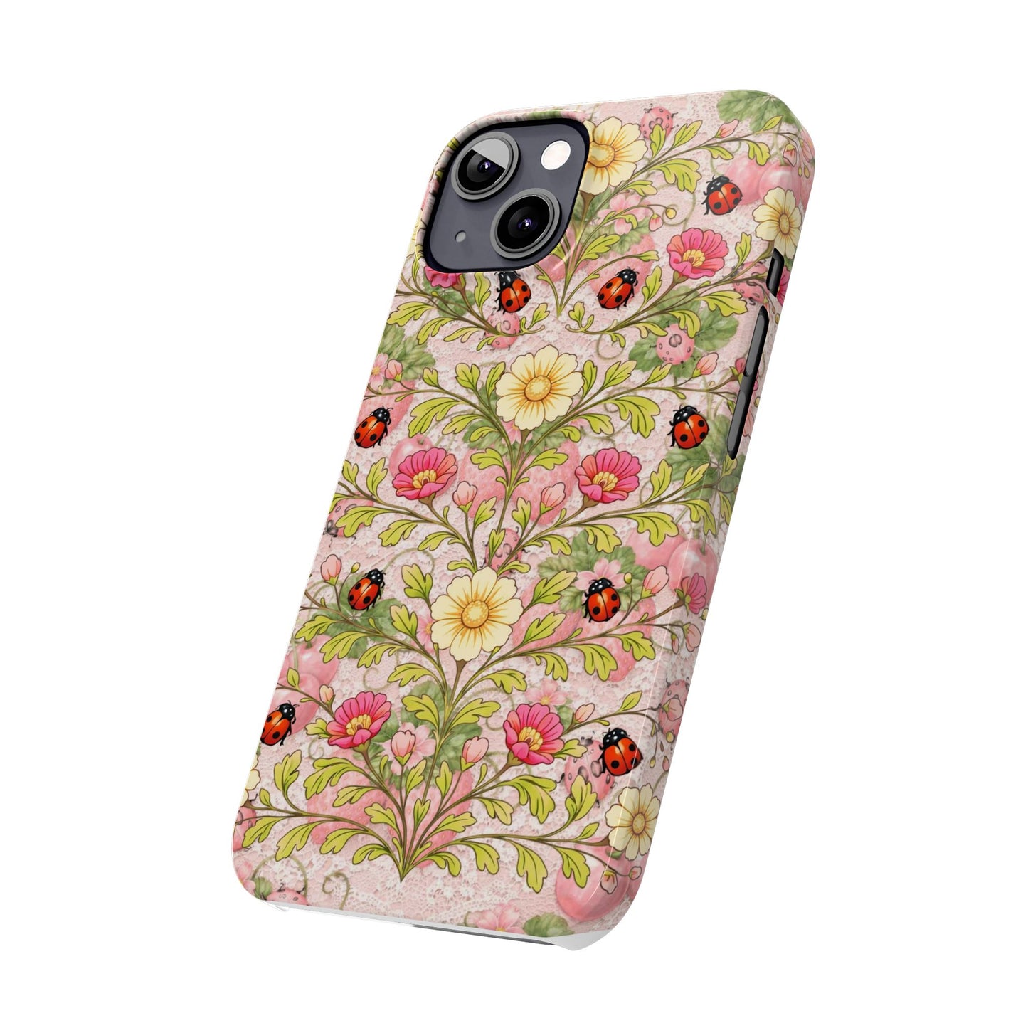 Floral Ladybug Slim Phone Case — Vintage Botanical Pink Garden Design