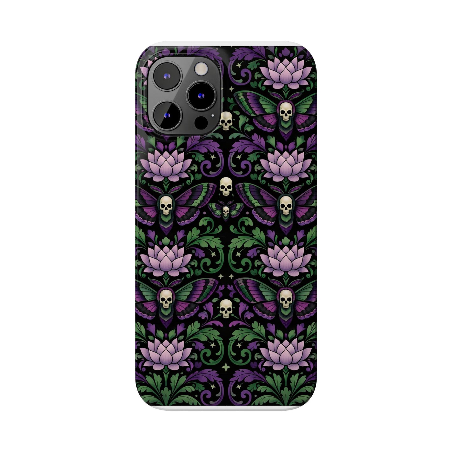 Gothic Lotus & Skull Slim Phone Case — Dark Floral Pattern for iPhone