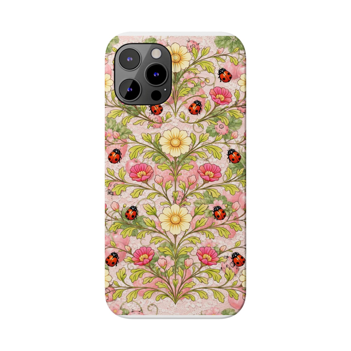 Floral Ladybug Slim Phone Case — Vintage Botanical Pink Garden Design