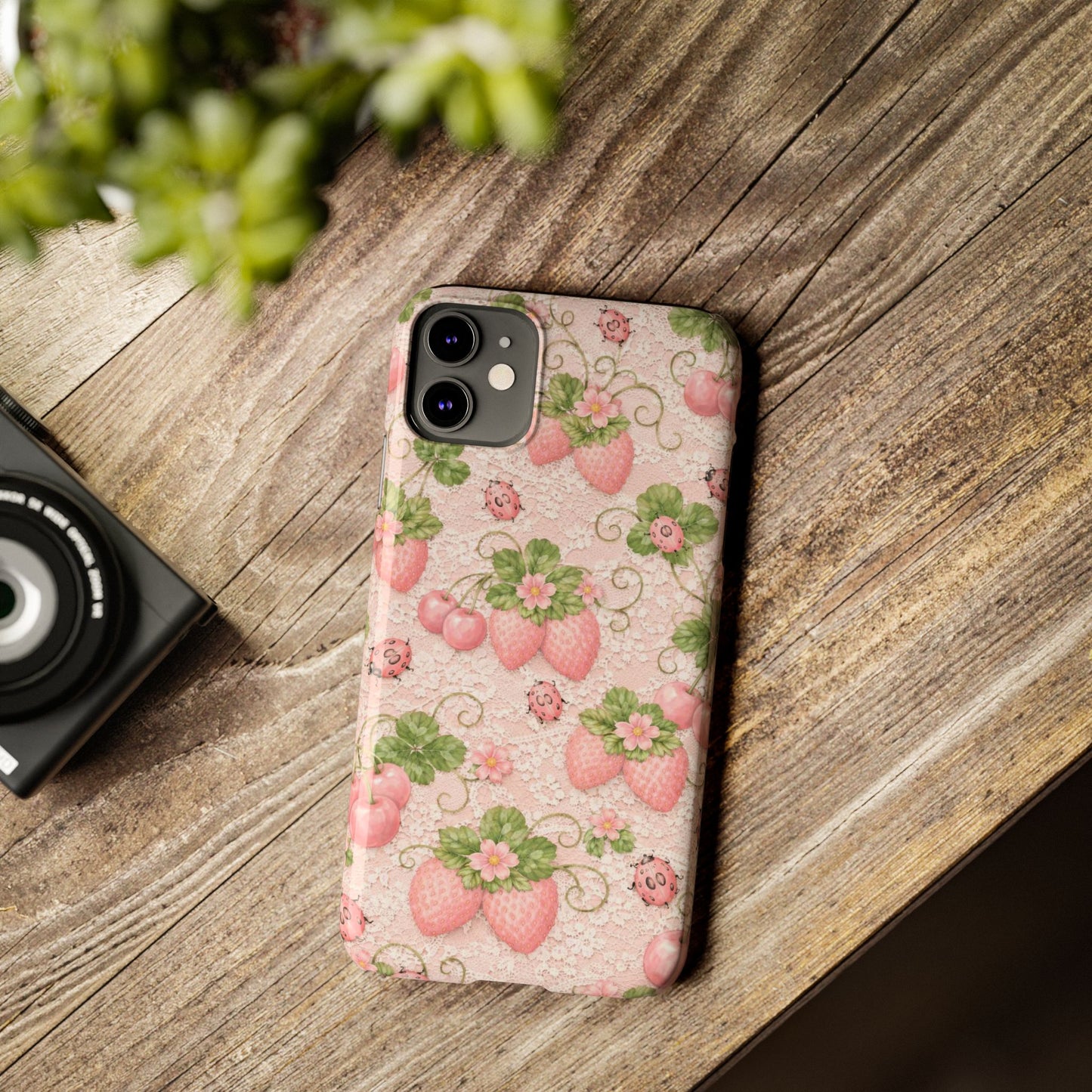 Strawberry Pattern Slim Phone Case — Vintage Pink Floral Fruit Design