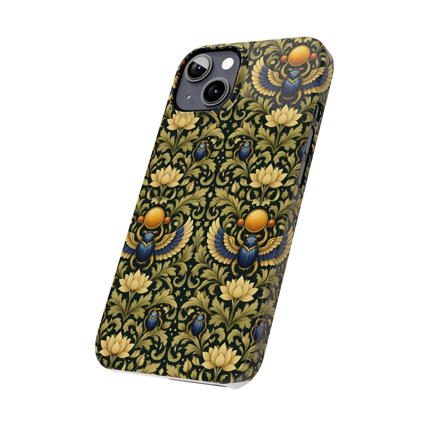 Slim Phone Case — Vintage Egyptian Scarab & Lotus Pattern (Gold on Olive)