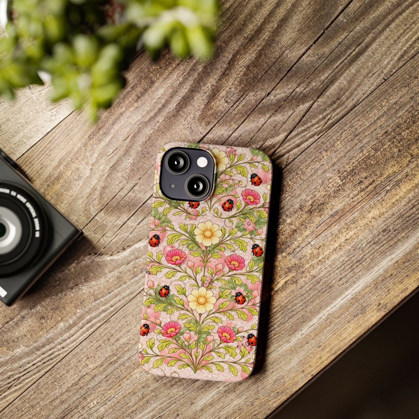 Floral Ladybug Slim Phone Case — Vintage Botanical Pink Garden Design