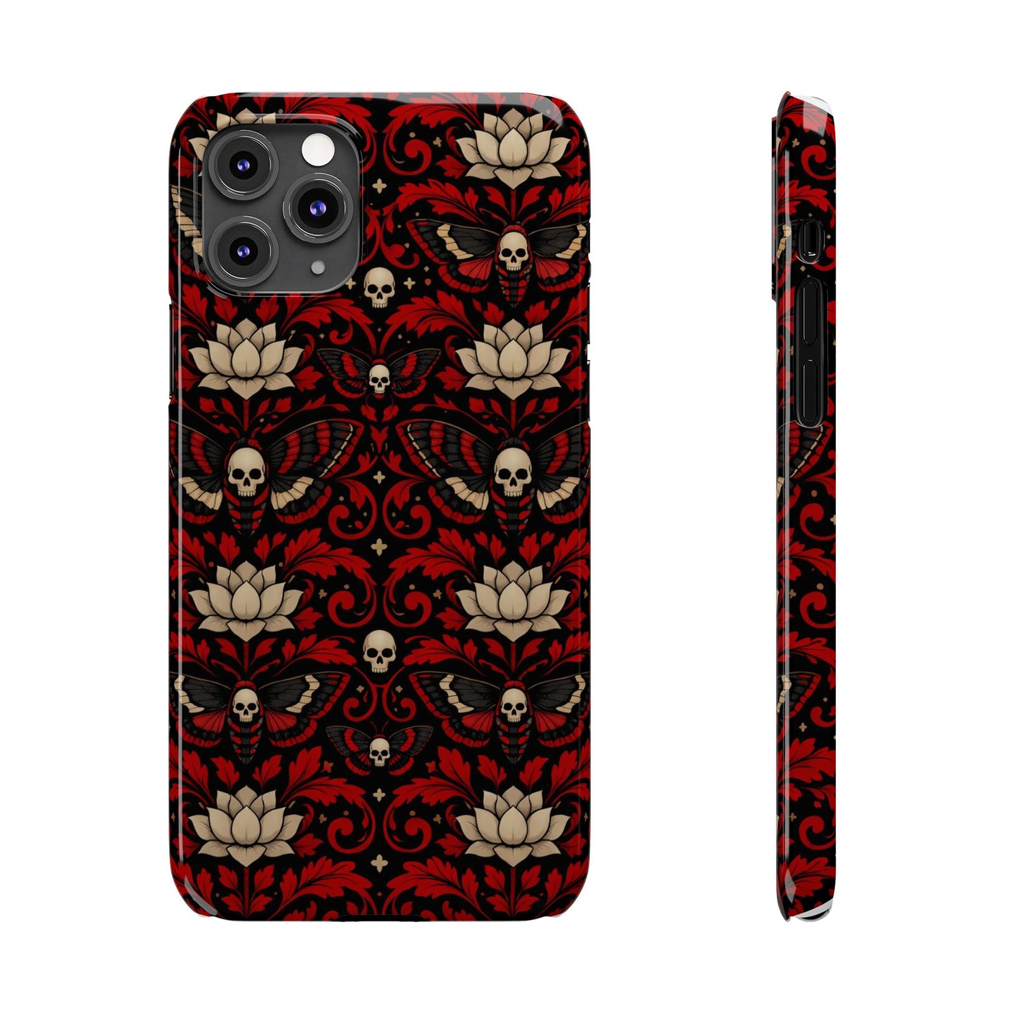 Gothic Skull & Lotus Slim Phone Case — Red Damask Moth Pattern