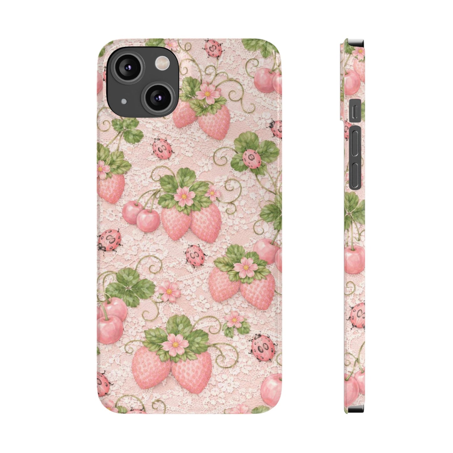 Strawberry Pattern Slim Phone Case — Vintage Pink Floral Fruit Design