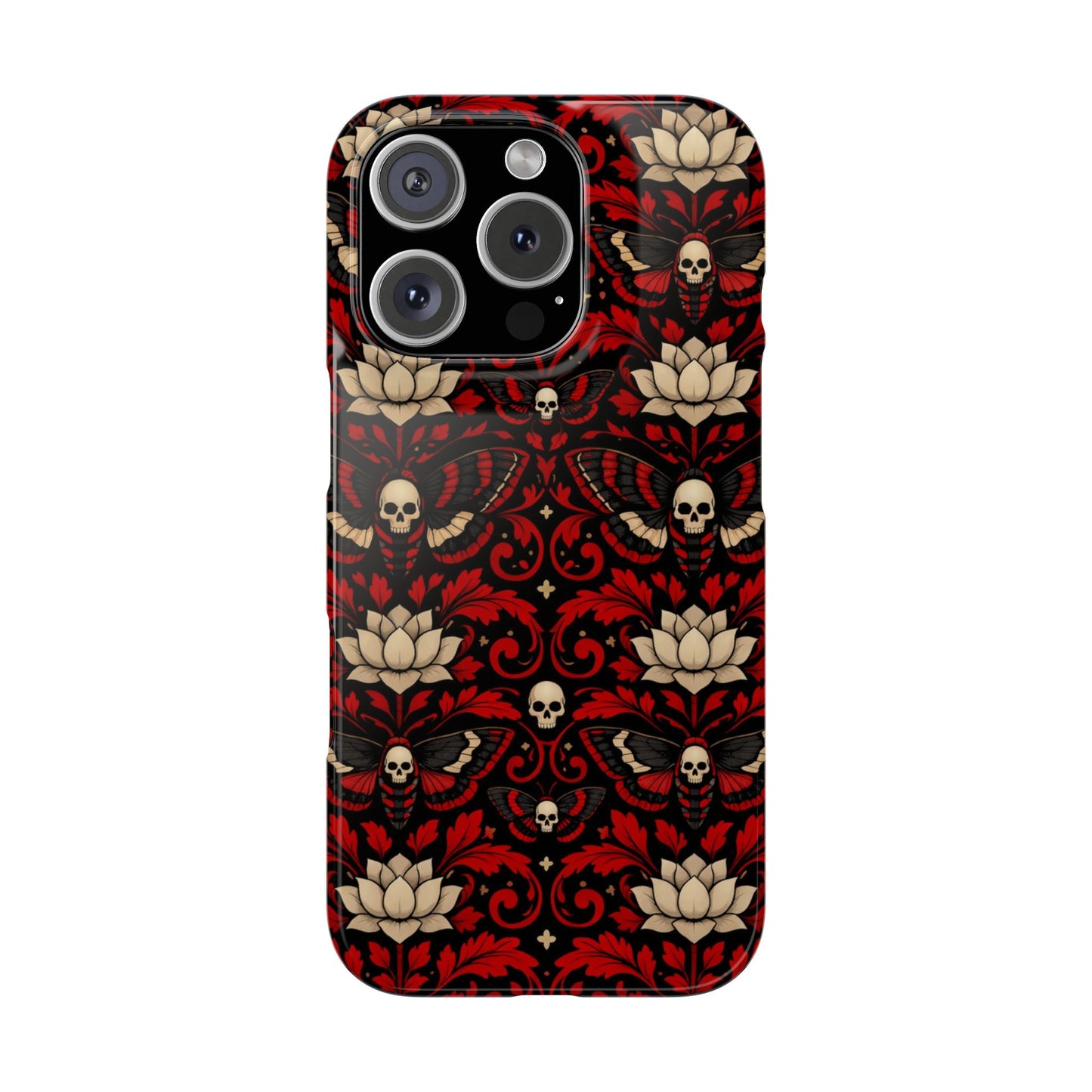 Gothic Skull & Lotus Slim Phone Case — Red Damask Moth Pattern