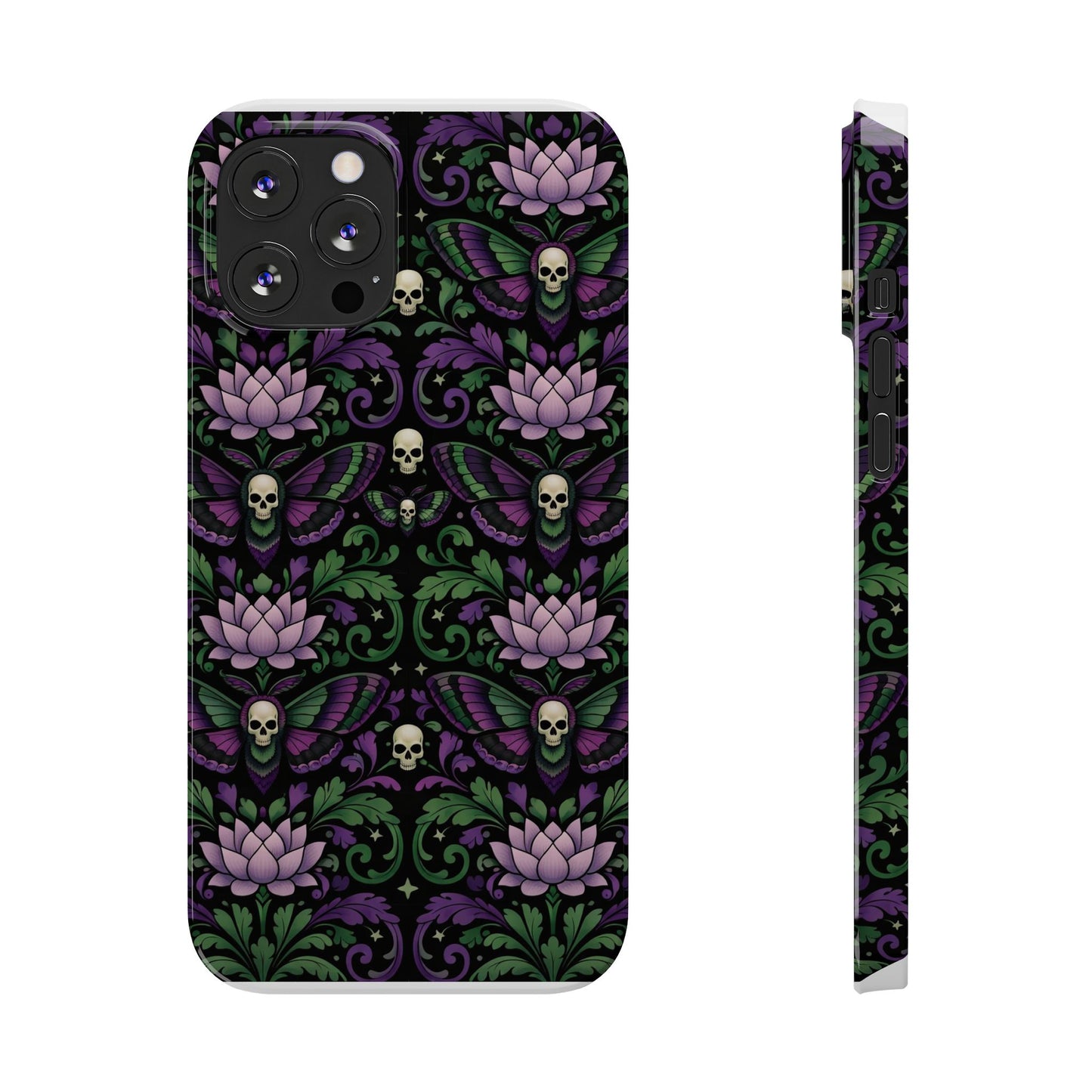 Gothic Lotus & Skull Slim Phone Case — Dark Floral Pattern for iPhone