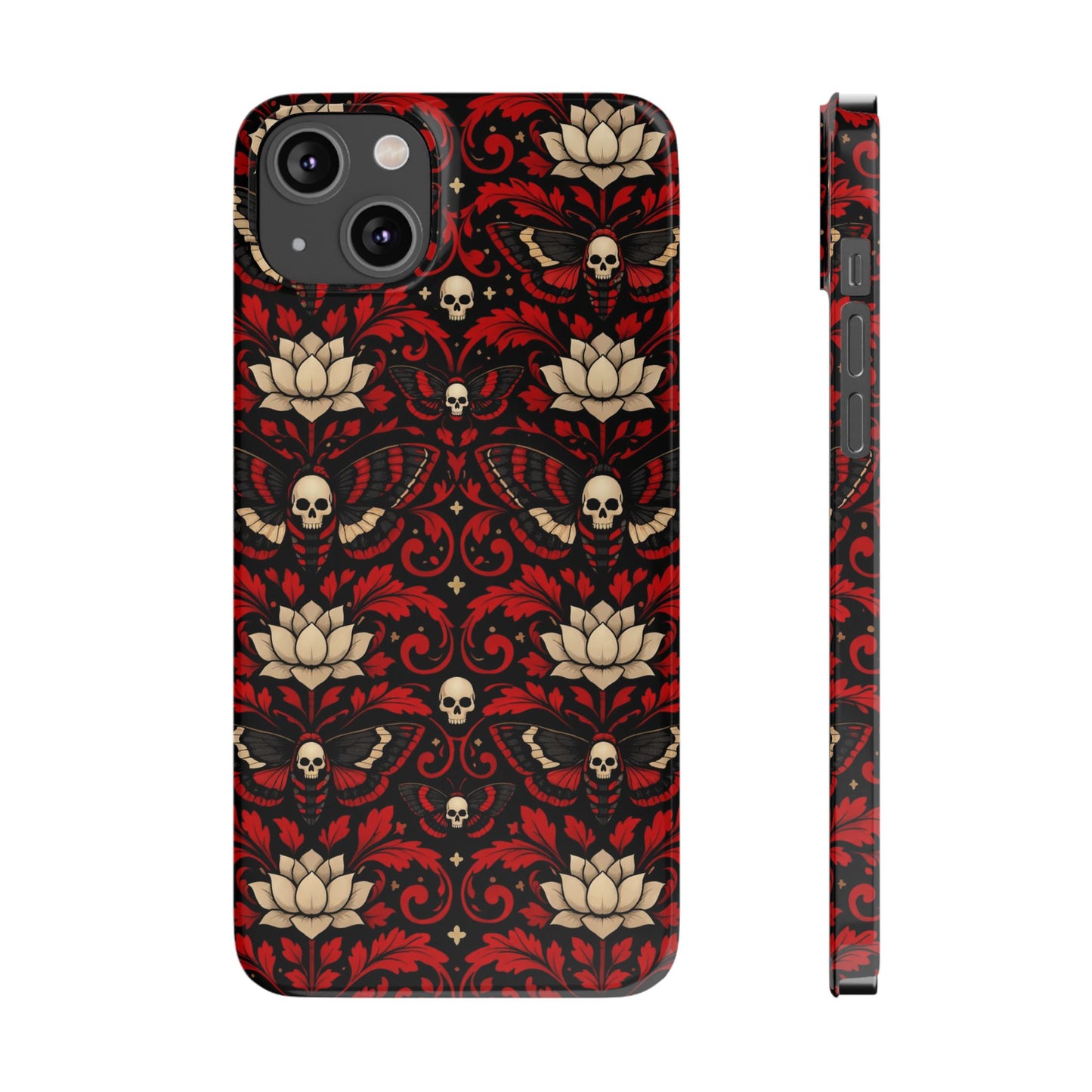Gothic Skull & Lotus Slim Phone Case — Red Damask Moth Pattern