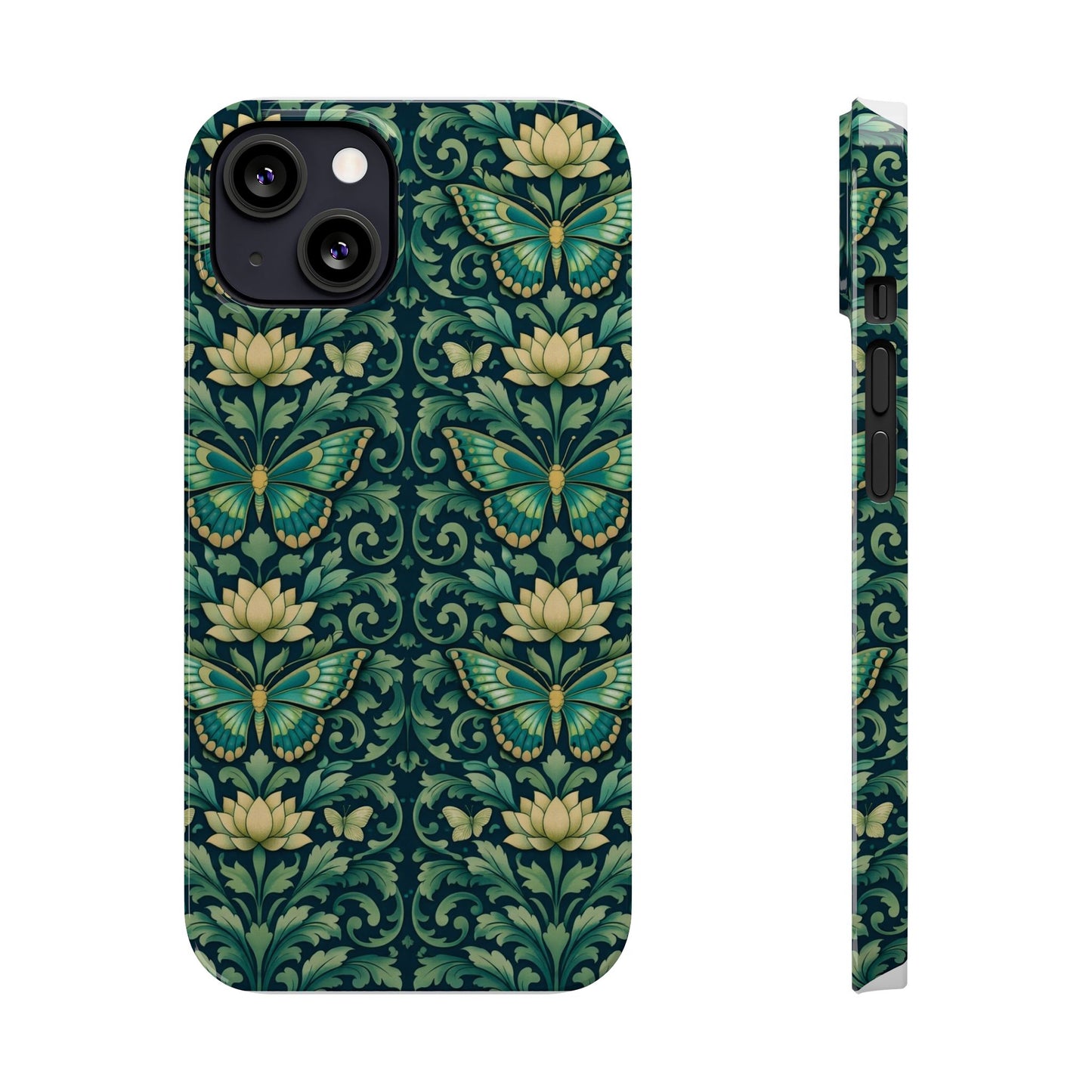 Slim Phone Case — Vintage Green Butterfly & Lotus Pattern