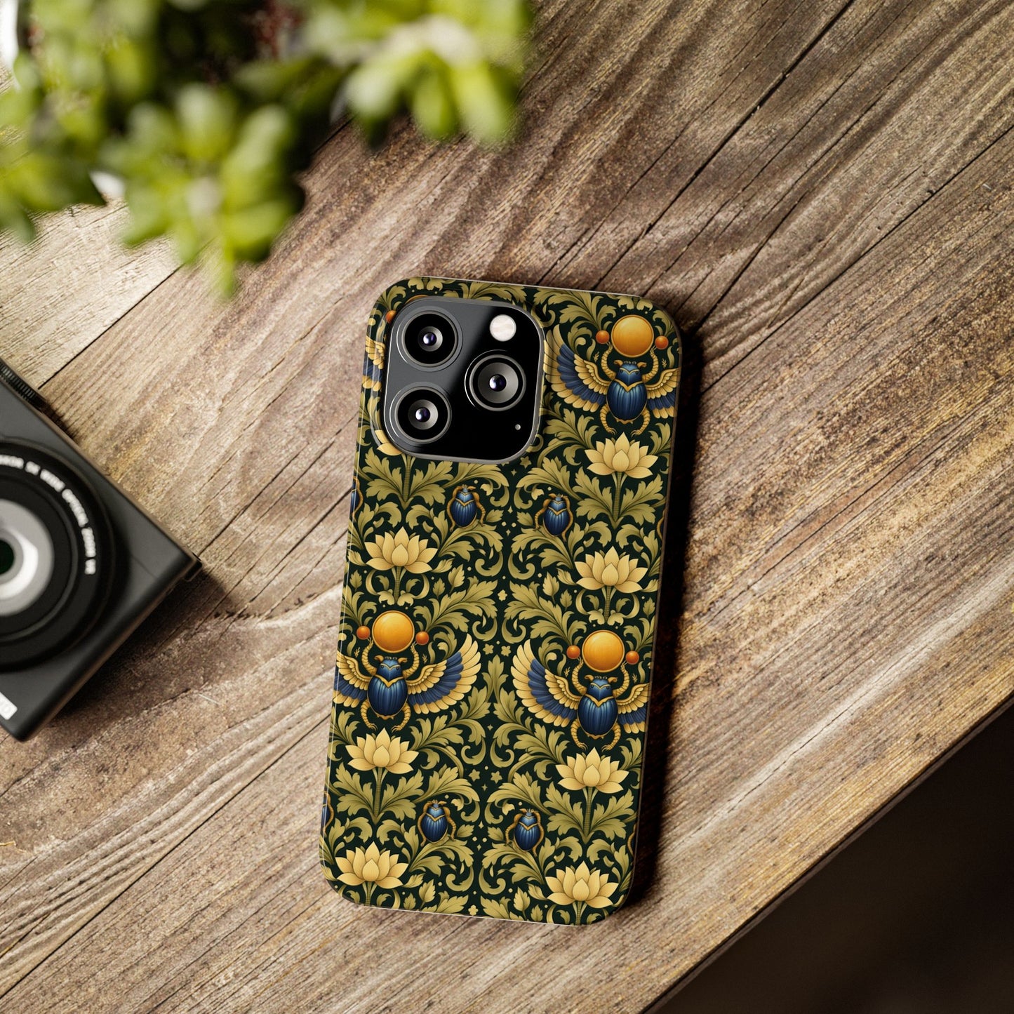 Slim Phone Case — Vintage Egyptian Scarab & Lotus Pattern (Gold on Olive)