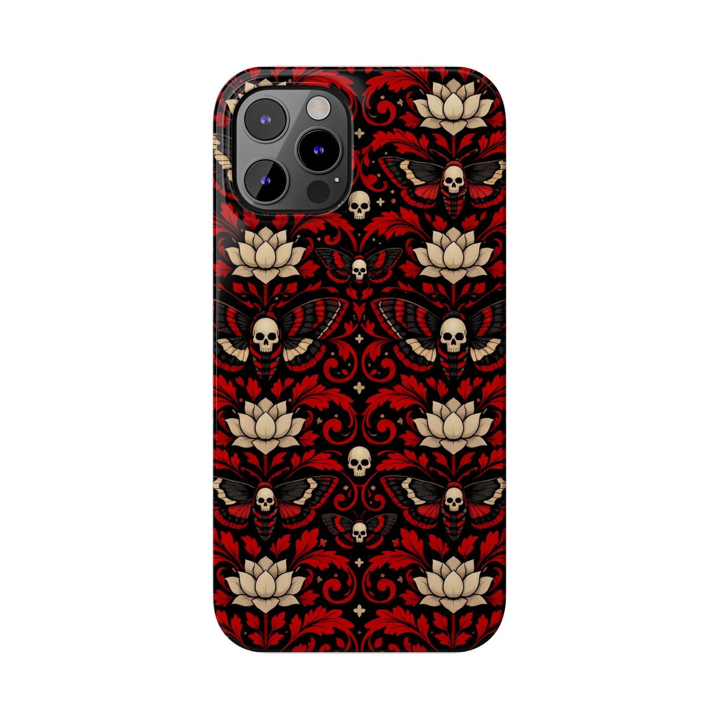 Gothic Skull & Lotus Slim Phone Case — Red Damask Moth Pattern