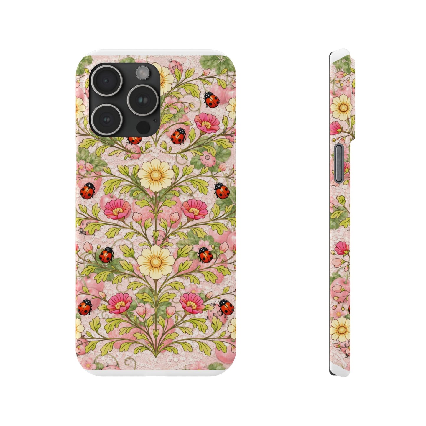 Floral Ladybug Slim Phone Case — Vintage Botanical Pink Garden Design