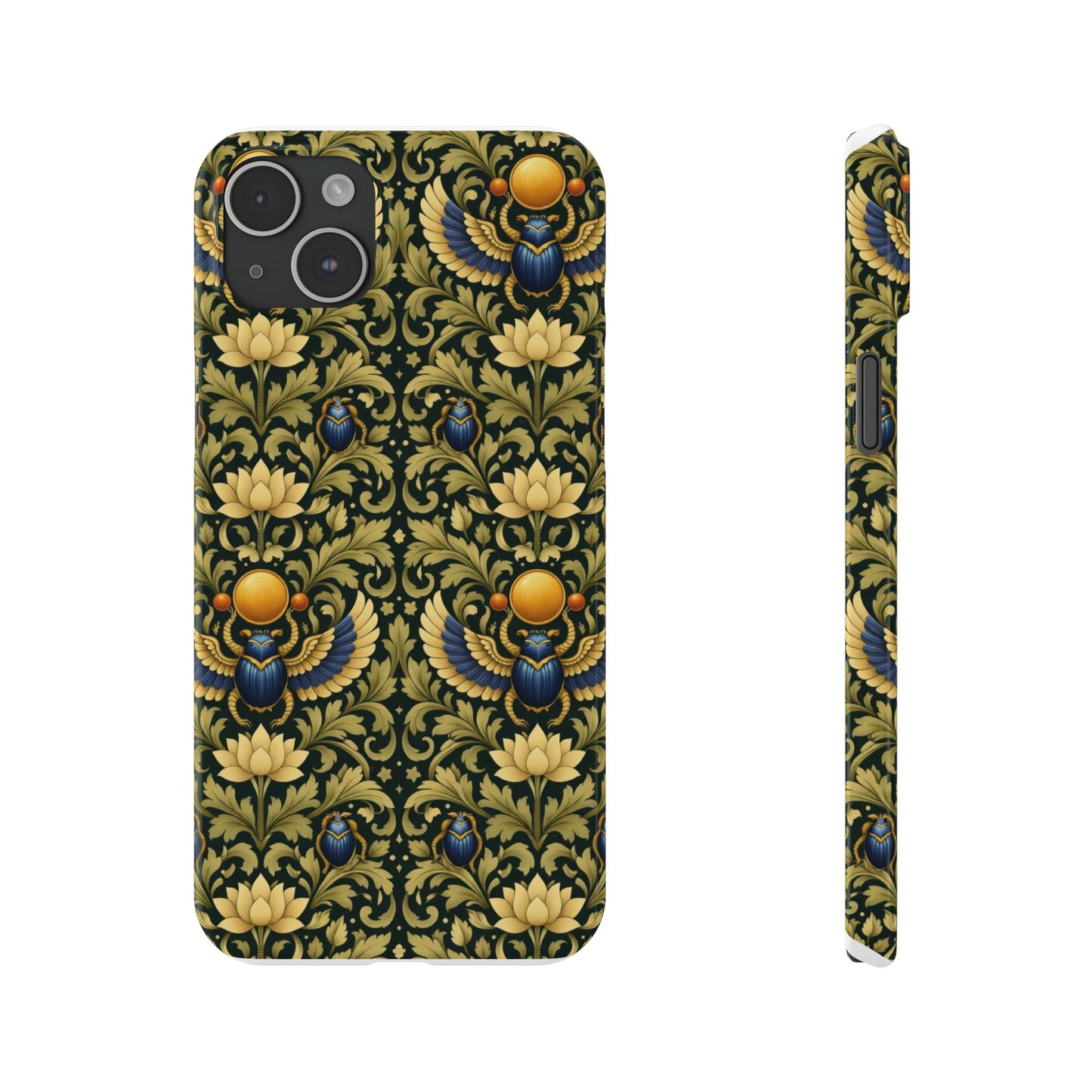 Slim Phone Case — Vintage Egyptian Scarab & Lotus Pattern (Gold on Olive)