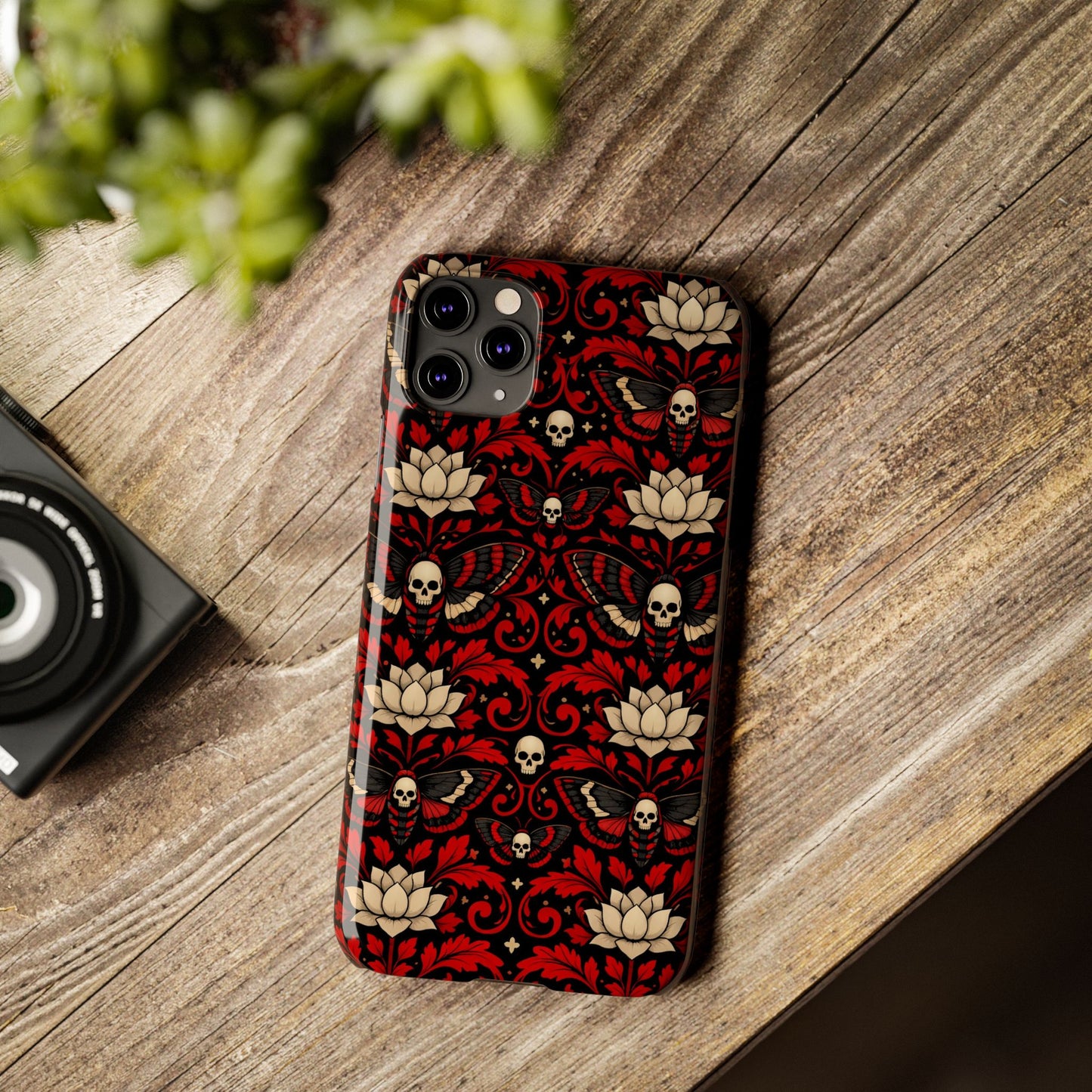 Gothic Skull & Lotus Slim Phone Case — Red Damask Moth Pattern