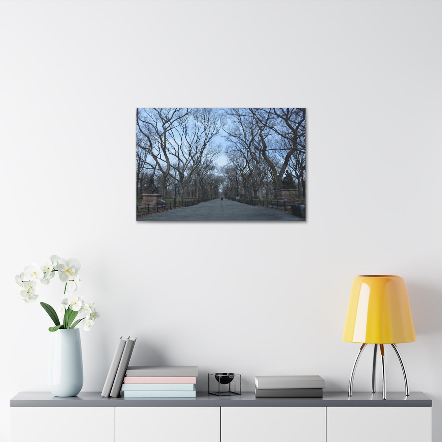 Leafless Tree Lined Path Canvas Stretched | Central Park In Winter Landscape Wall Art