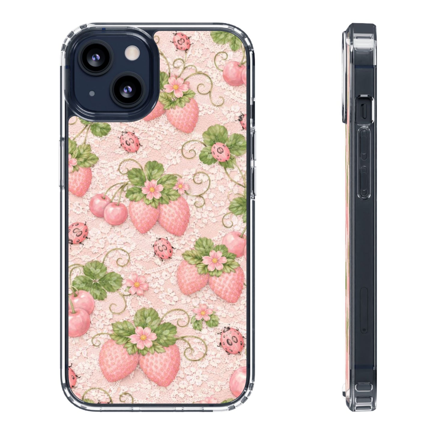 Pink Strawberry Pattern Clear Case | Floral Phone Case, Cute Fruit Design