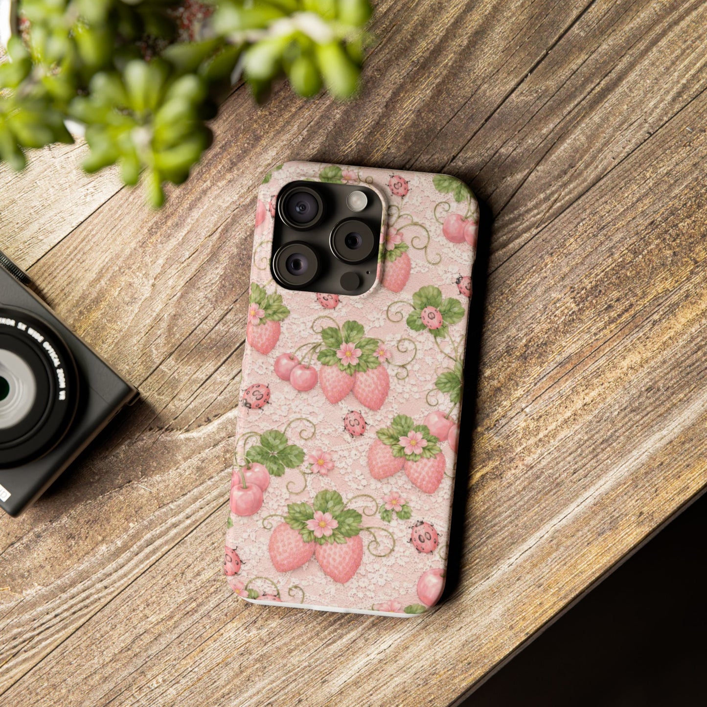 Strawberry Pattern Slim Phone Case — Vintage Pink Floral Fruit Design