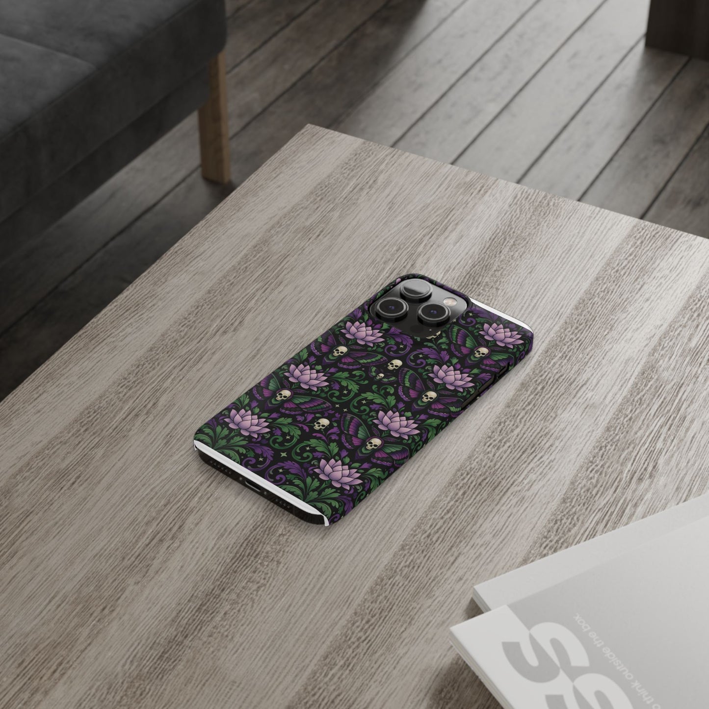 Gothic Lotus & Skull Slim Phone Case — Dark Floral Pattern for iPhone