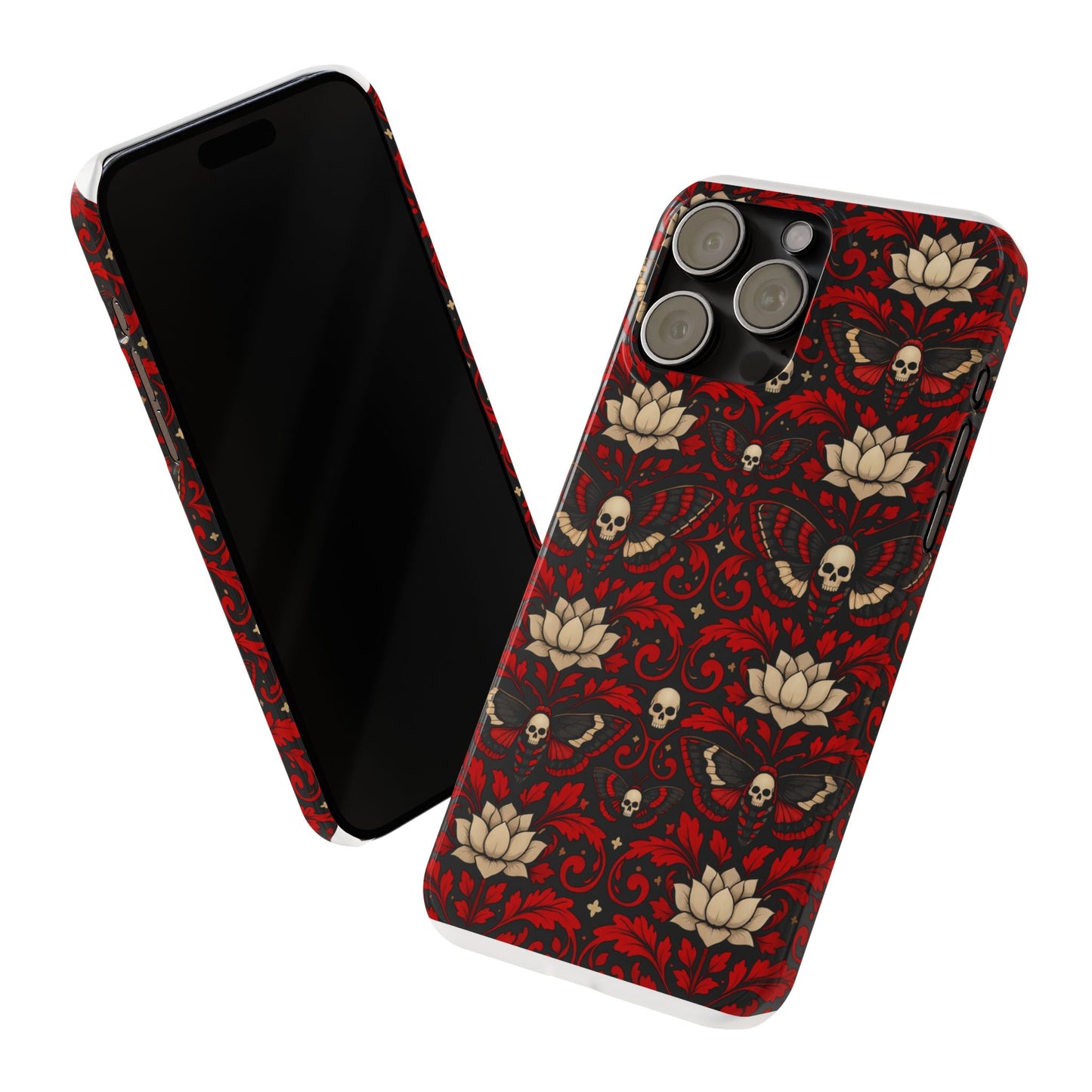 Gothic Skull & Lotus Slim Phone Case — Red Damask Moth Pattern