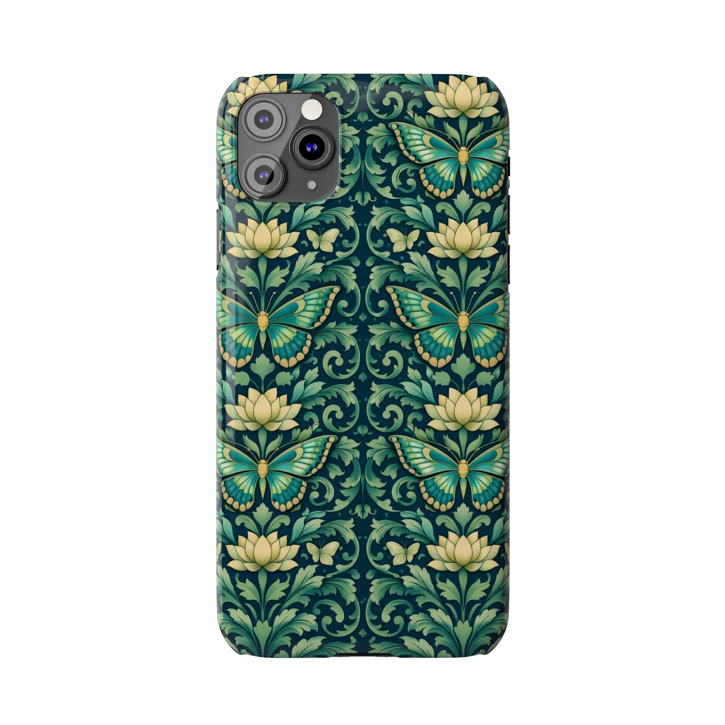 Slim Phone Case — Vintage Green Butterfly & Lotus Pattern