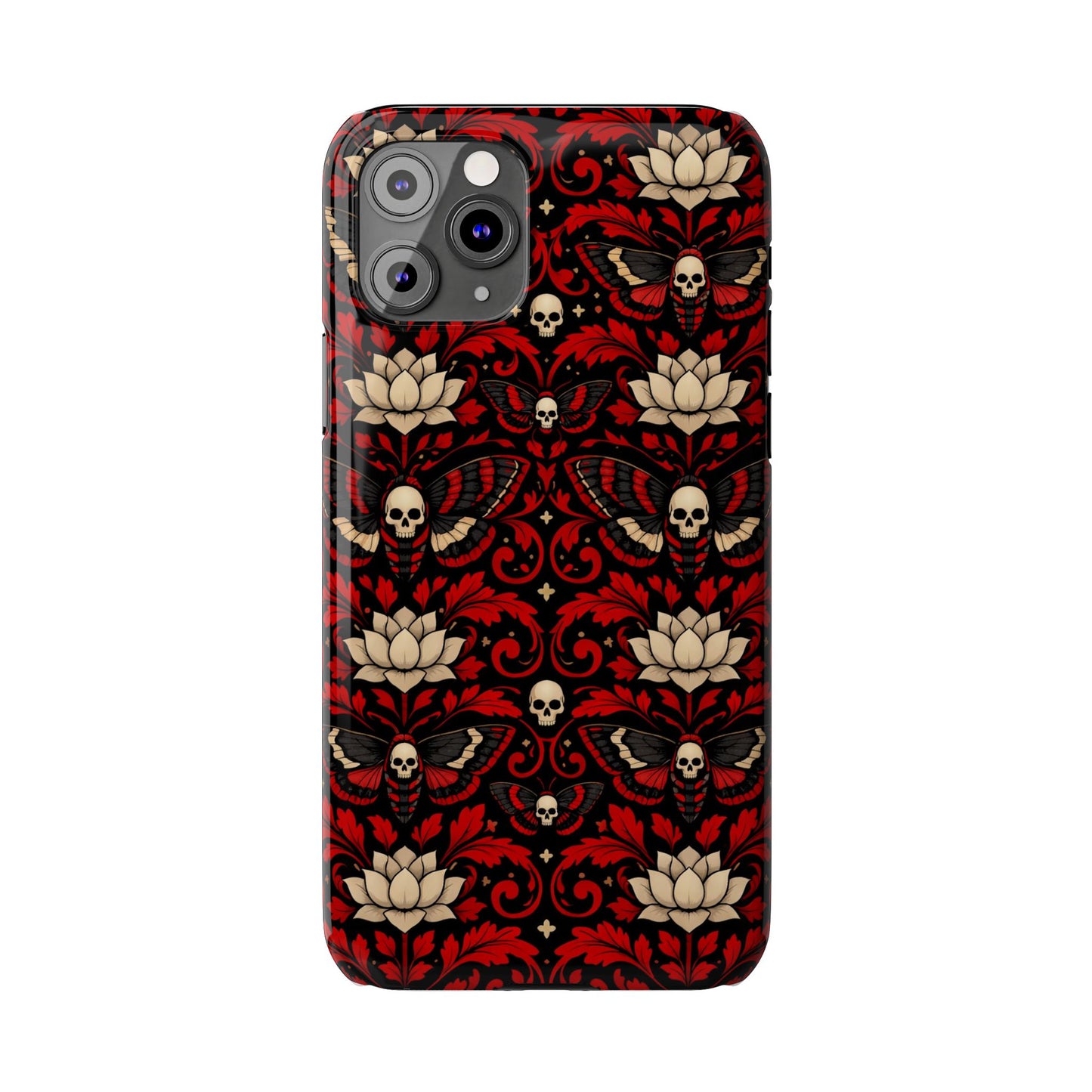Gothic Skull & Lotus Slim Phone Case — Red Damask Moth Pattern