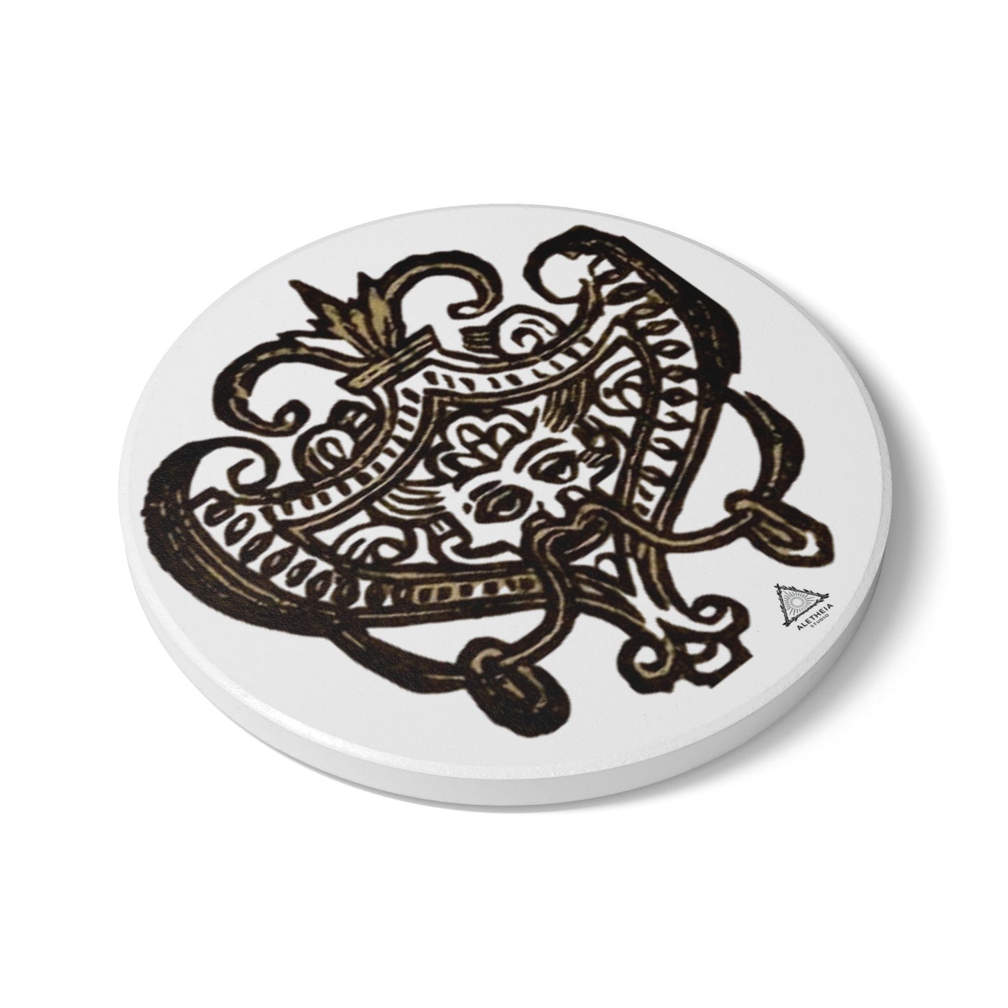 Vintage Fleur-de-Lis Ceramic Coaster — Ornate Gothic Mask Design