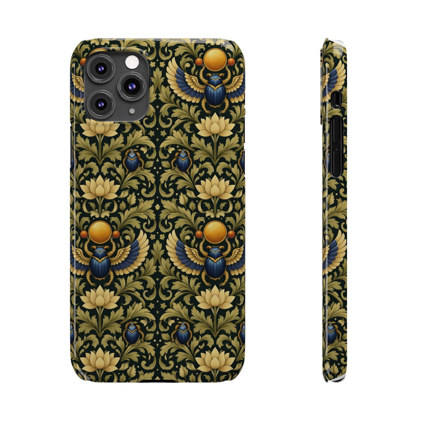 Slim Phone Case — Vintage Egyptian Scarab & Lotus Pattern (Gold on Olive)