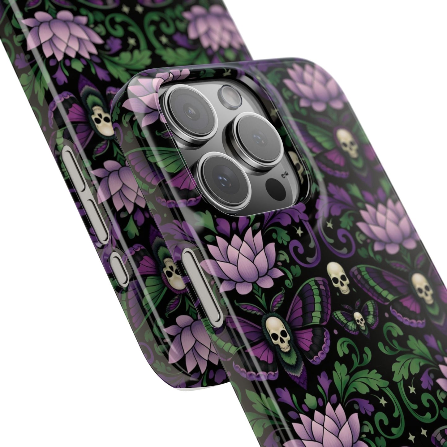 Gothic Lotus & Skull Slim Phone Case — Dark Floral Pattern for iPhone