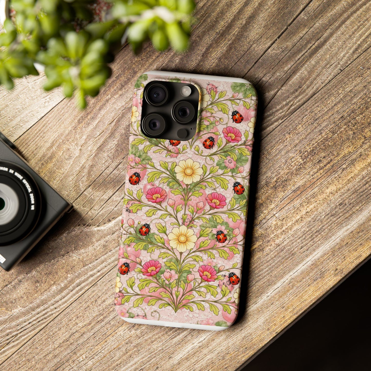 Floral Ladybug Slim Phone Case — Vintage Botanical Pink Garden Design
