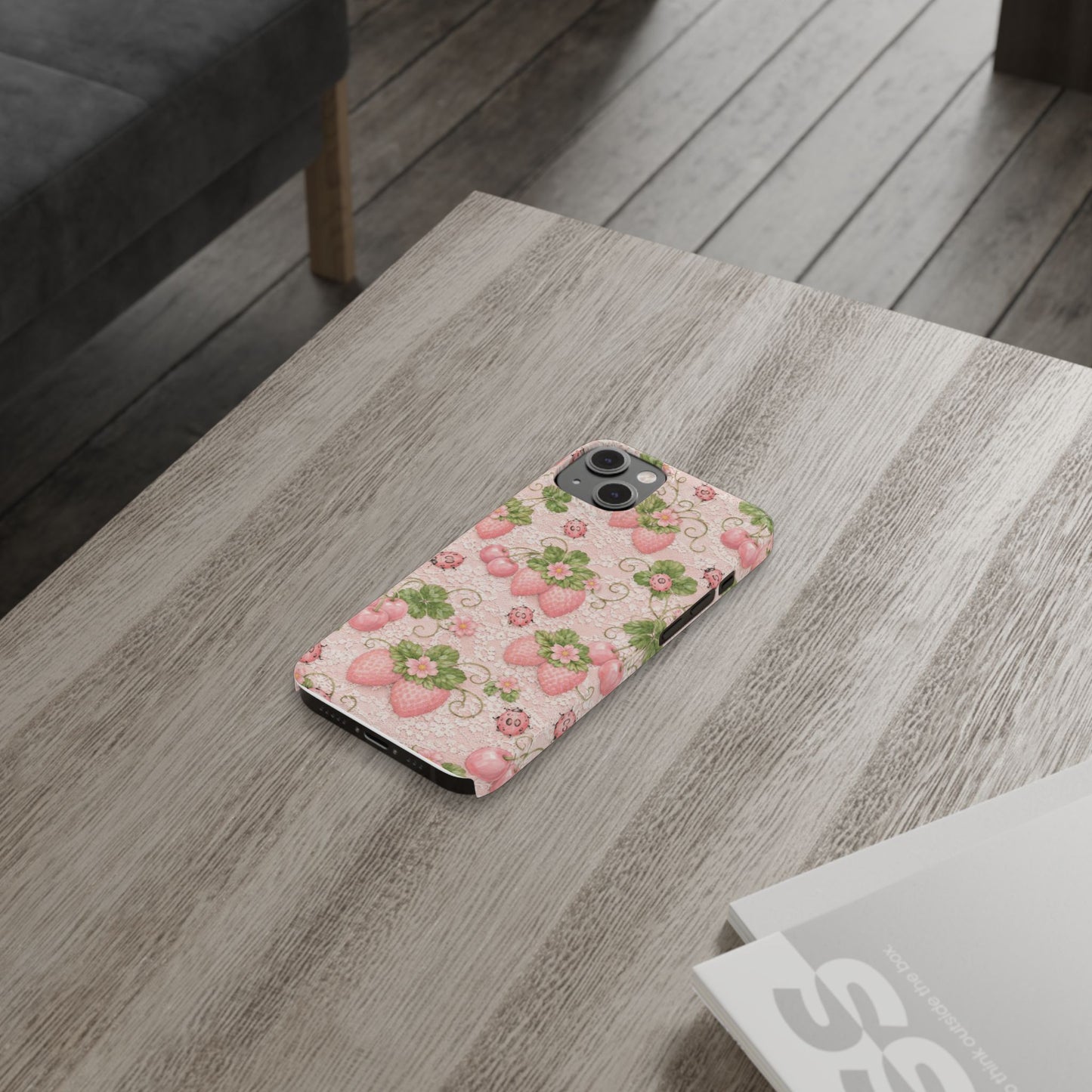 Strawberry Pattern Slim Phone Case — Vintage Pink Floral Fruit Design