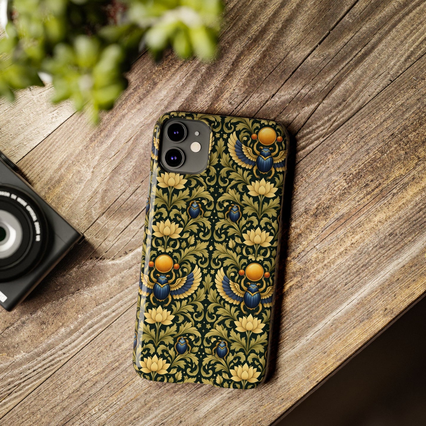 Slim Phone Case — Vintage Egyptian Scarab & Lotus Pattern (Gold on Olive)