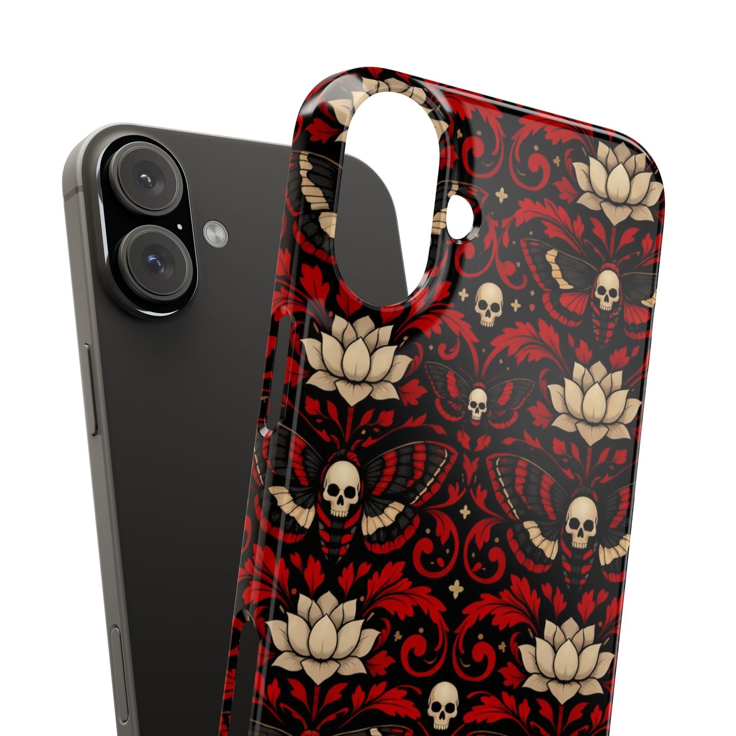 Gothic Skull & Lotus Slim Phone Case — Red Damask Moth Pattern