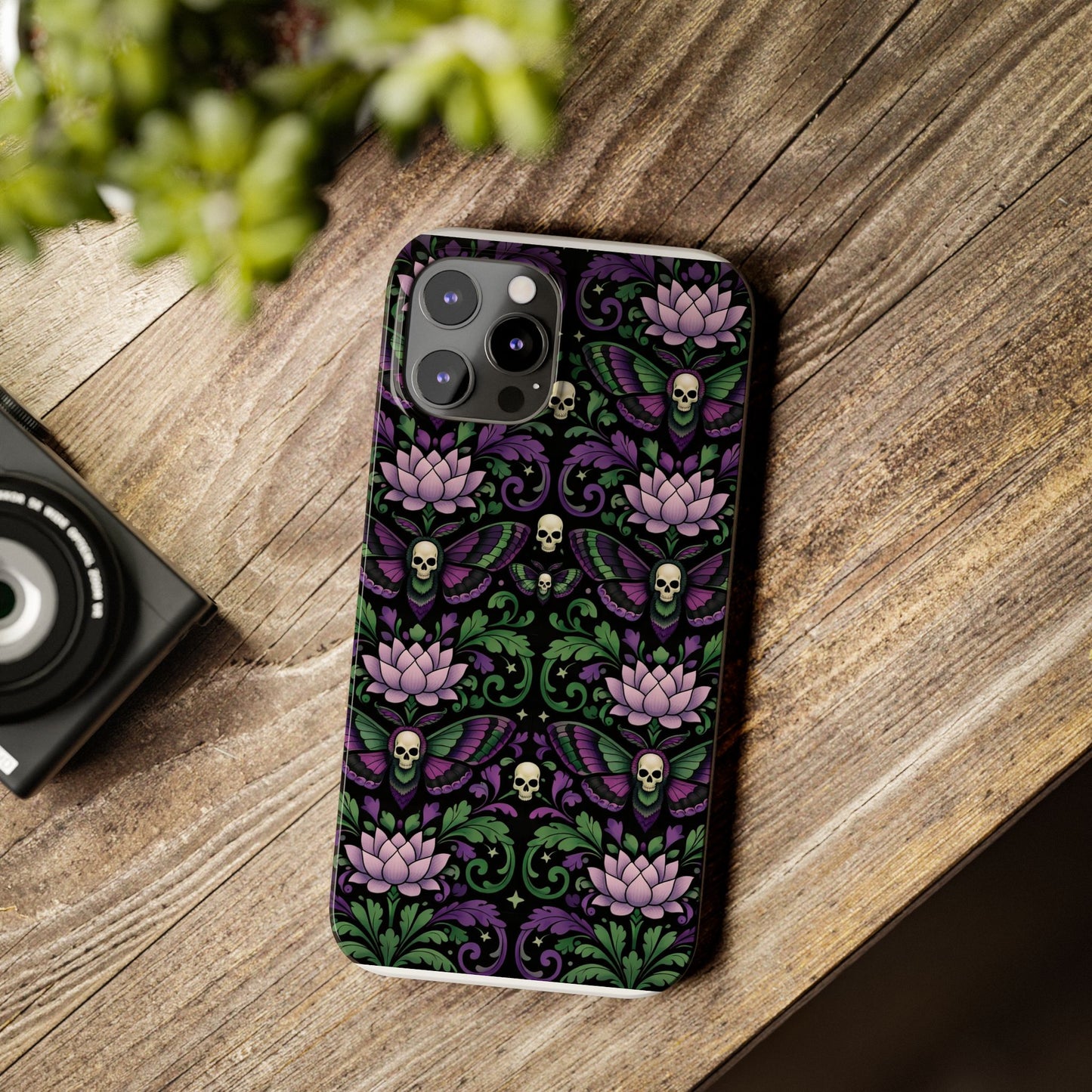 Gothic Lotus & Skull Slim Phone Case — Dark Floral Pattern for iPhone
