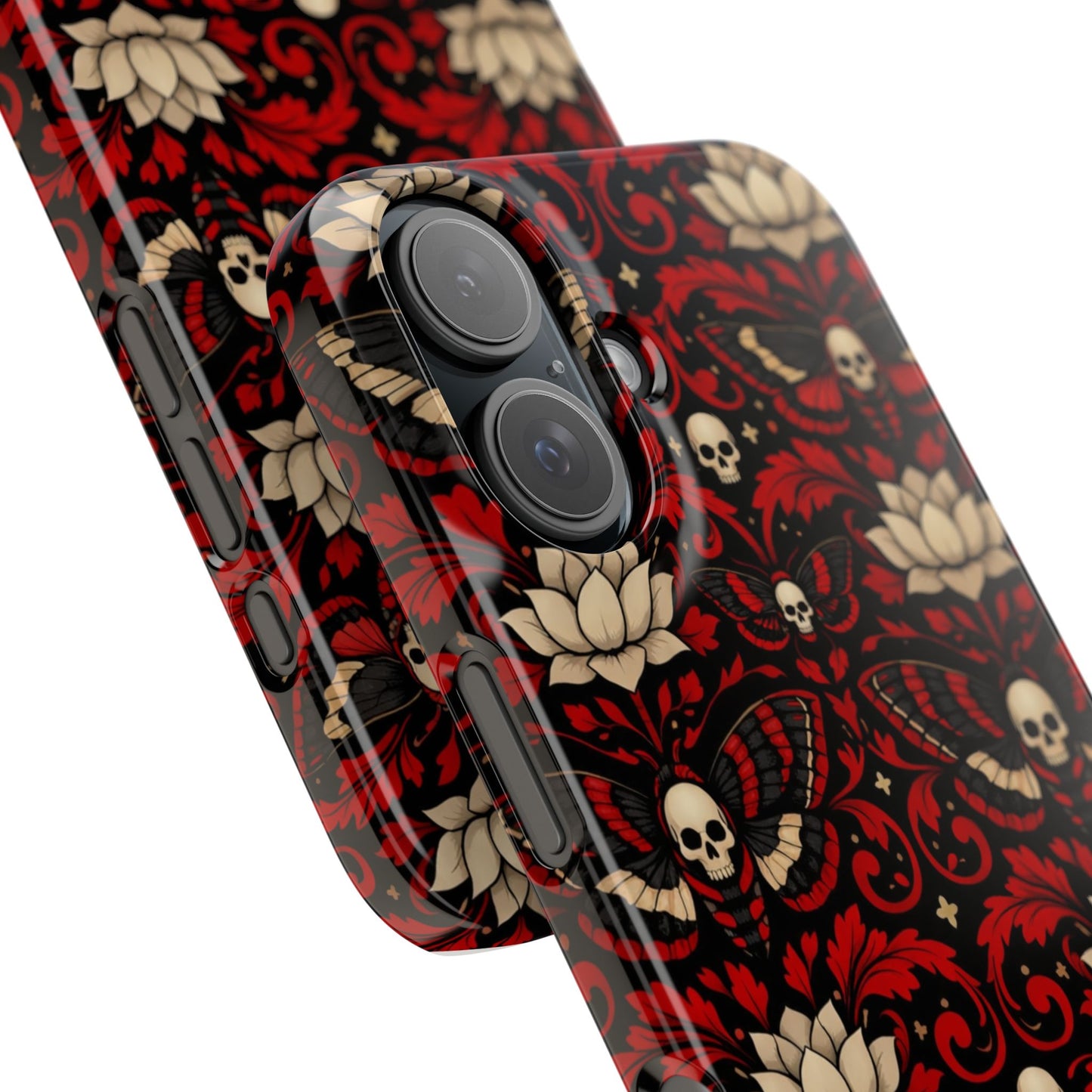 Gothic Skull & Lotus Slim Phone Case — Red Damask Moth Pattern