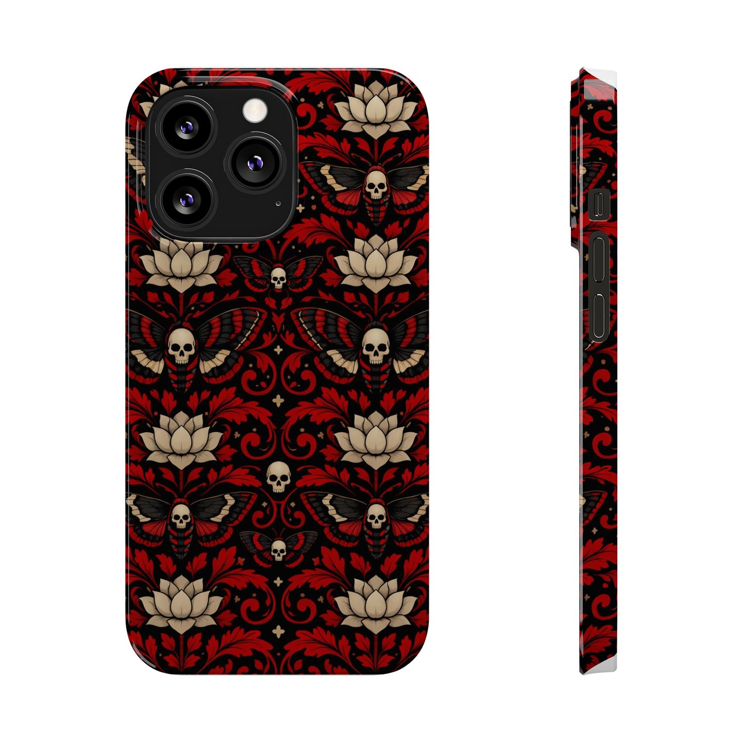 Gothic Skull & Lotus Slim Phone Case — Red Damask Moth Pattern