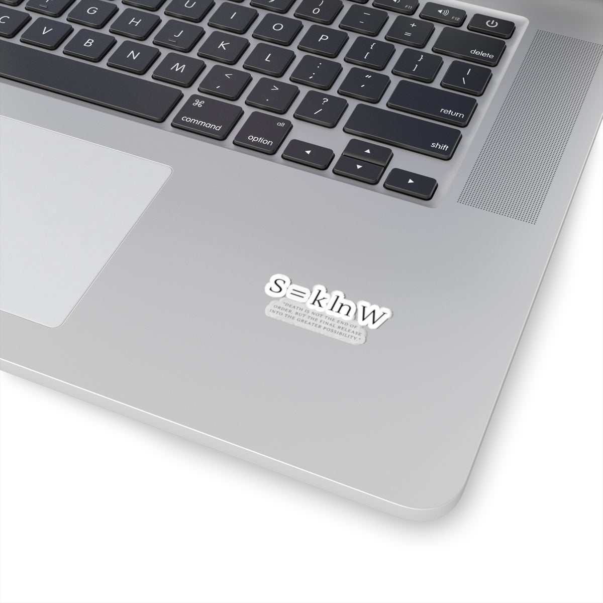 Minimalist Typographic Sticker — “S = k ln W” Formula with Quote