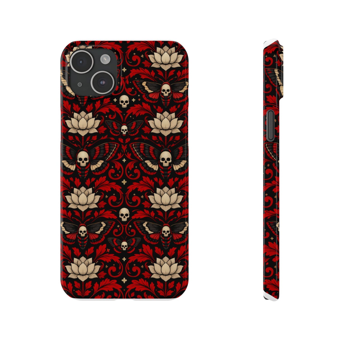 Gothic Skull & Lotus Slim Phone Case — Red Damask Moth Pattern