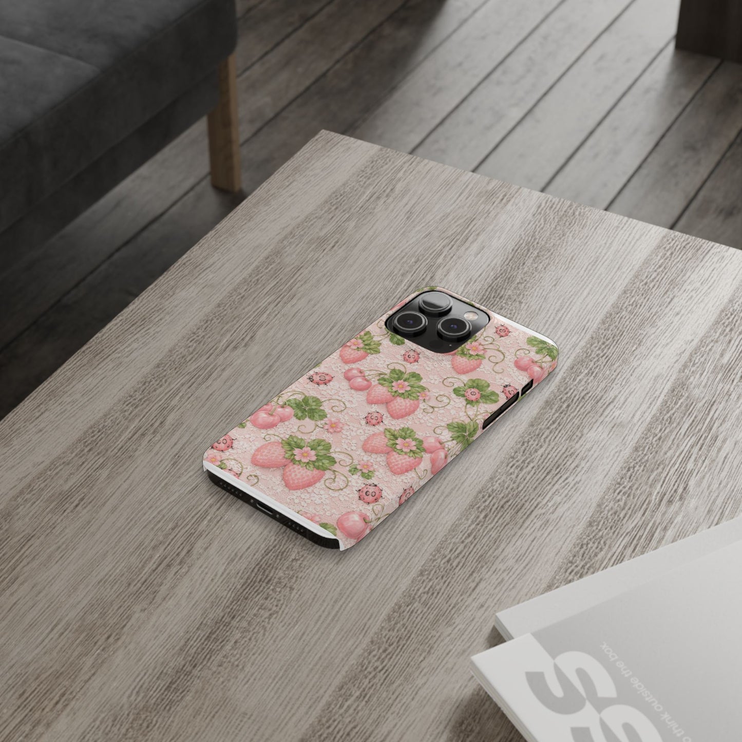 Strawberry Pattern Slim Phone Case — Vintage Pink Floral Fruit Design