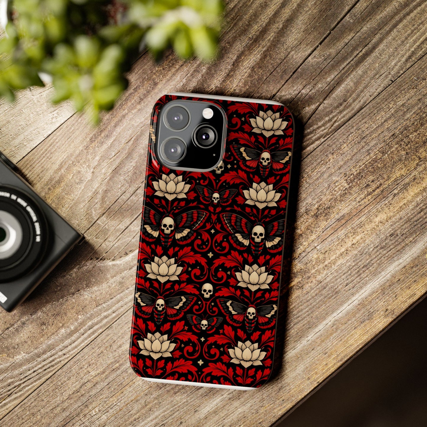 Gothic Skull & Lotus Slim Phone Case — Red Damask Moth Pattern