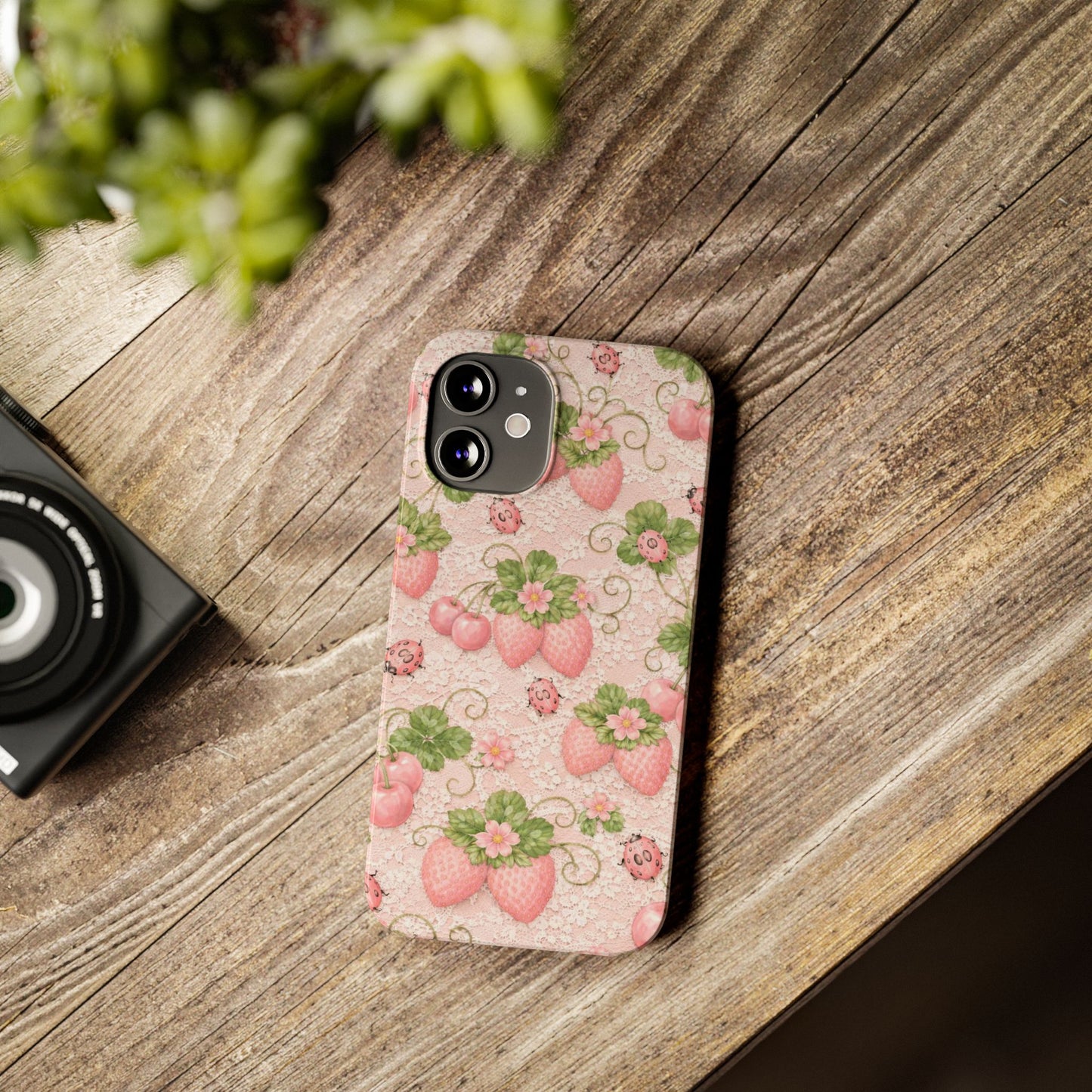 Strawberry Pattern Slim Phone Case — Vintage Pink Floral Fruit Design