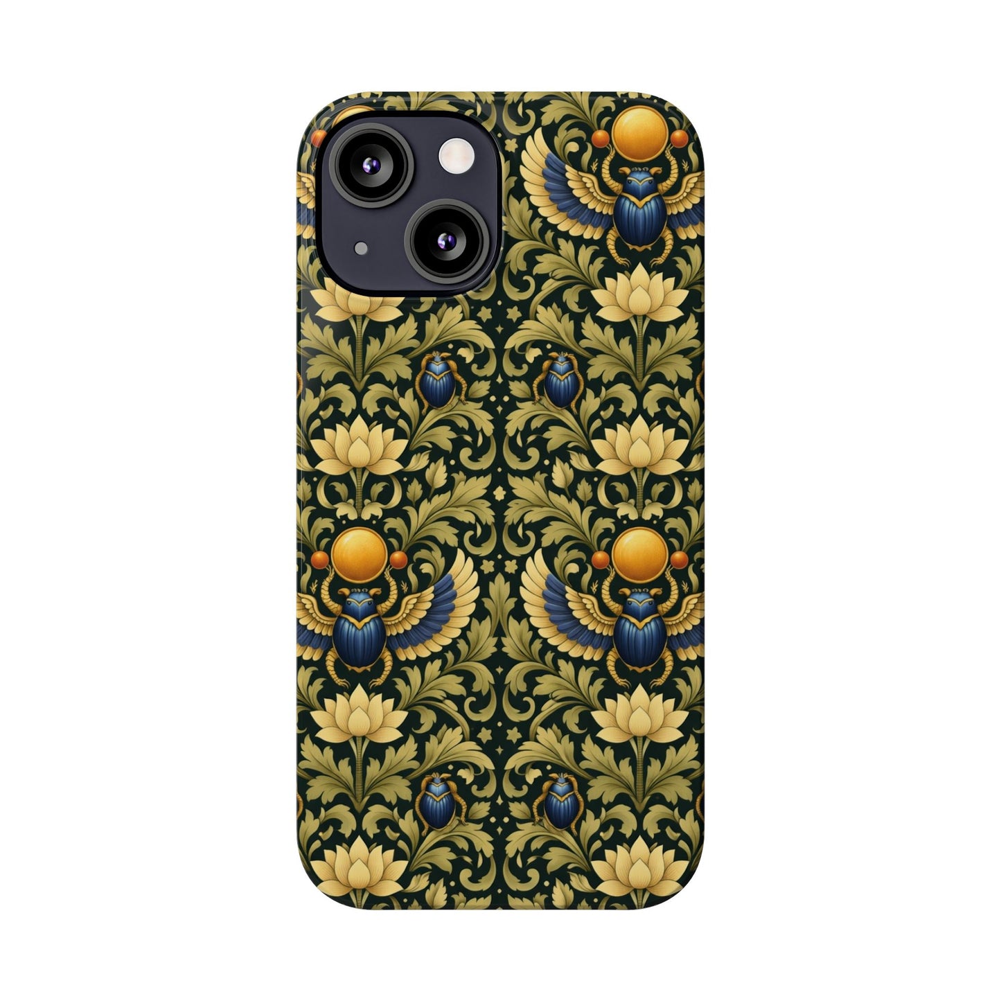 Slim Phone Case — Vintage Egyptian Scarab & Lotus Pattern (Gold on Olive)