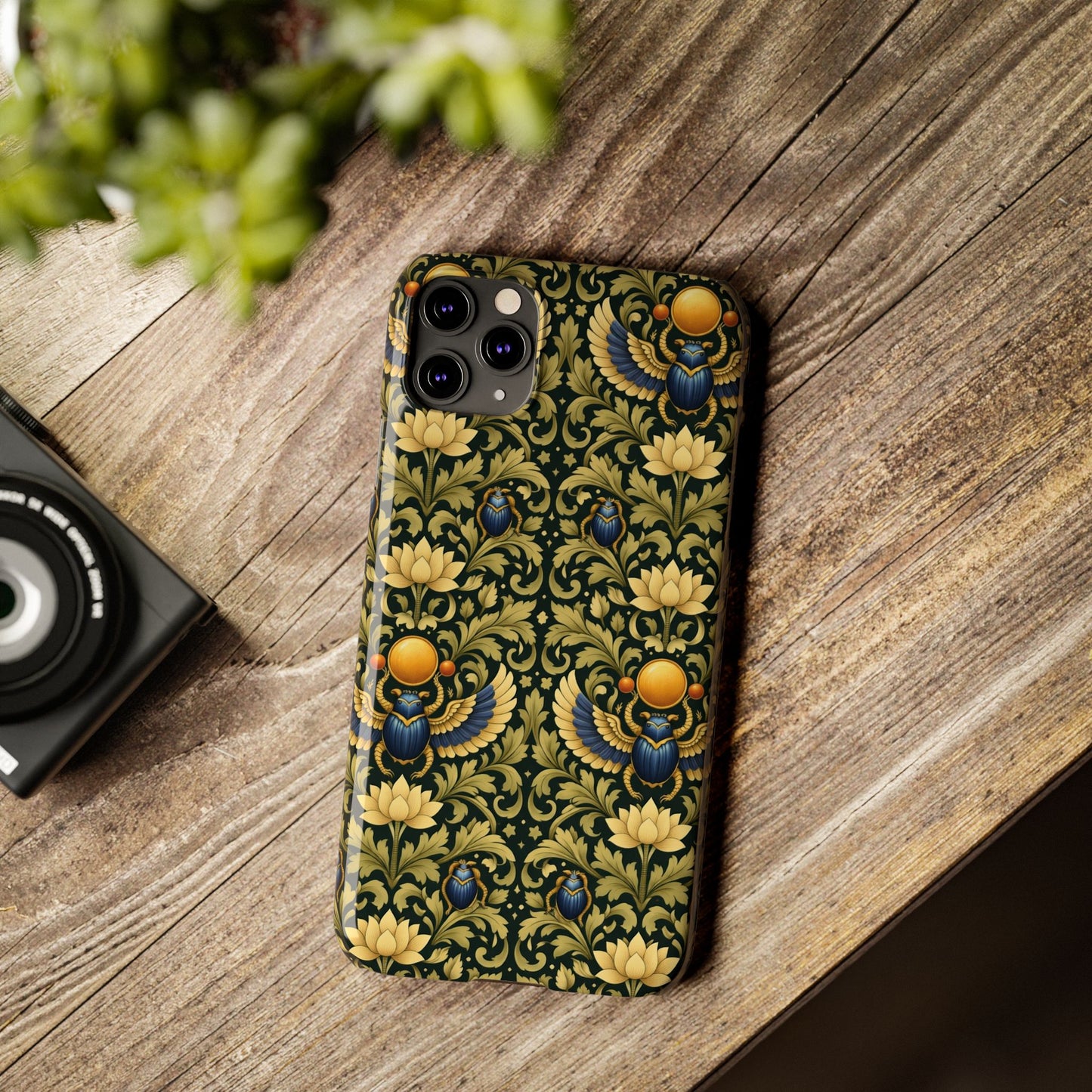 Slim Phone Case — Vintage Egyptian Scarab & Lotus Pattern (Gold on Olive)