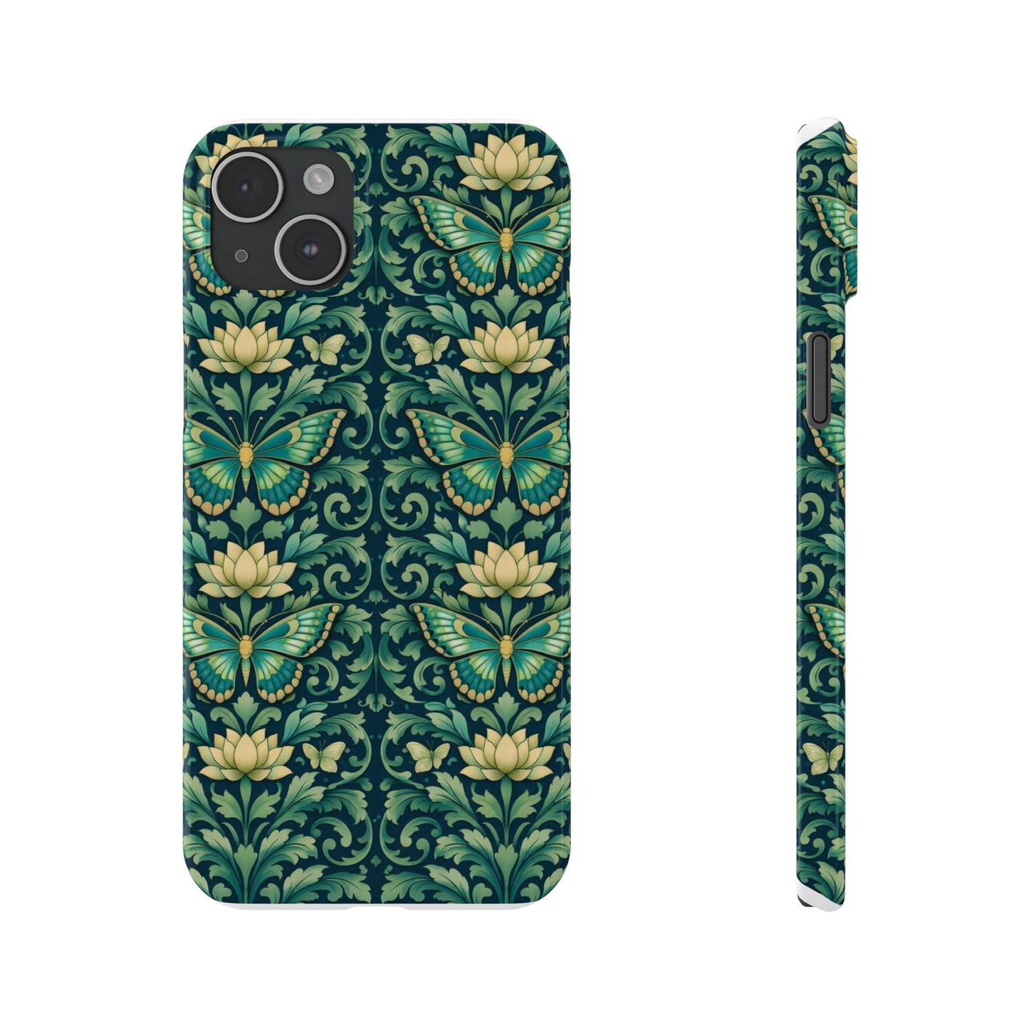 Slim Phone Case — Vintage Green Butterfly & Lotus Pattern