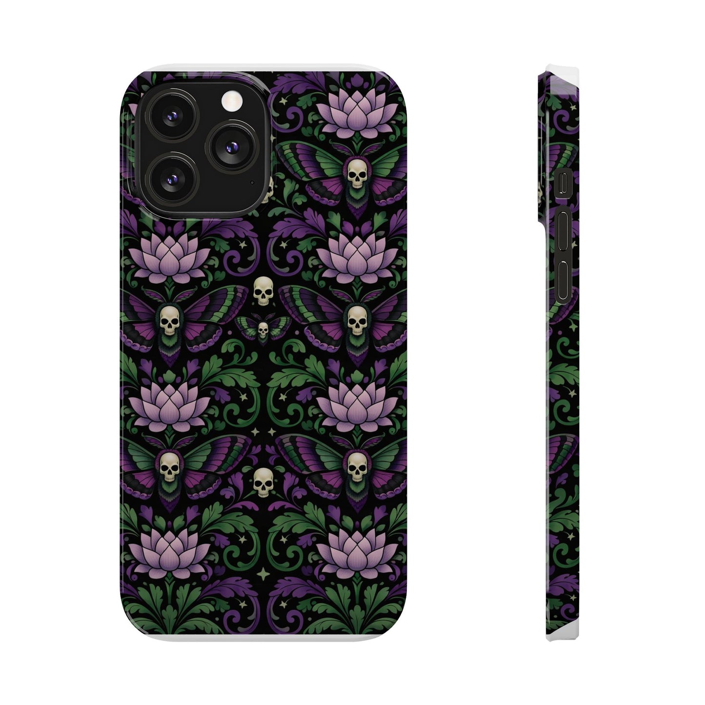 Gothic Lotus & Skull Slim Phone Case — Dark Floral Pattern for iPhone