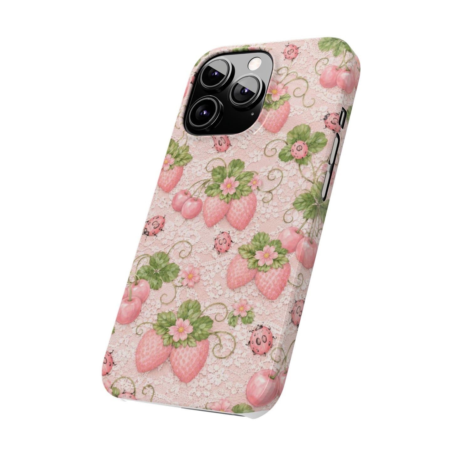 Strawberry Pattern Slim Phone Case — Vintage Pink Floral Fruit Design