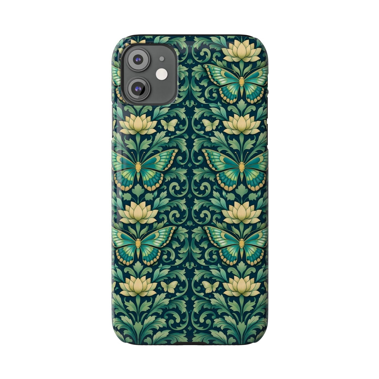 Slim Phone Case — Vintage Green Butterfly & Lotus Pattern
